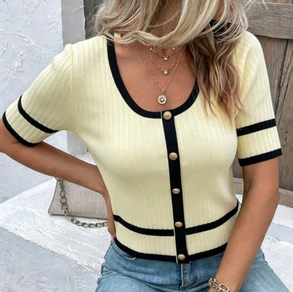 Knit Mix Jersey Knit Fabric Sriped Details Top